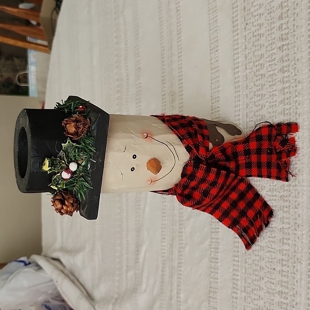 Hand Painted wooden snowman top hat candle holder plaid scarf Holiday Decoration